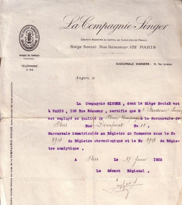 1922 Singer le contrat Histoire de Lucien